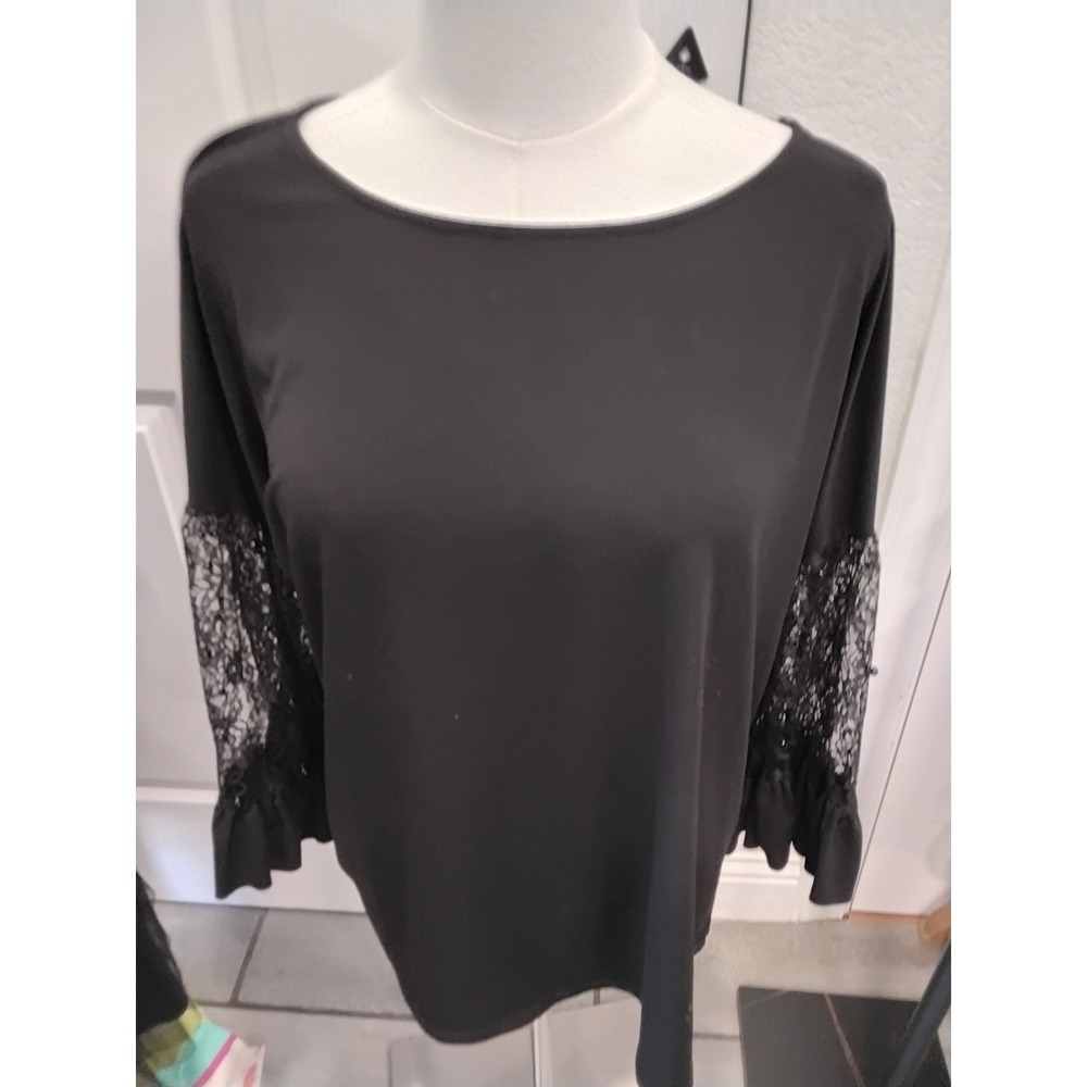 Cupio Womens Black Lace Pearl Embellished‎ Sleeve Blouse Boat Neck Top -Medium